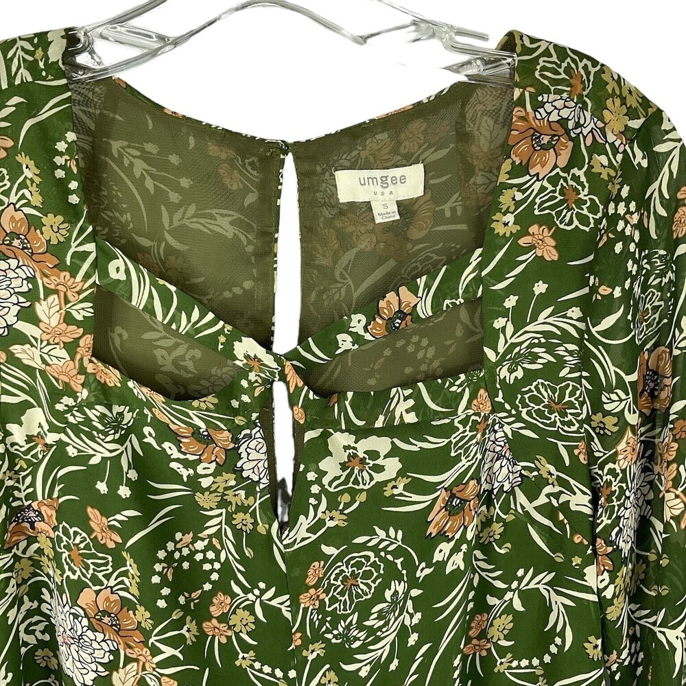 Umgee Dark Floral Bell Sleeve in Olive Green Dress Long Tunic Lined Size S - Picture 6 of 10